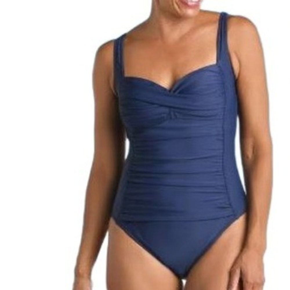 NWT Sonnet Shores Navy Blue Ruched One Piece Swimsuit‎ Tummy Control 24W New